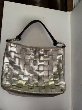 Woven Metallic Silver Shoulder Bag with Black Handle